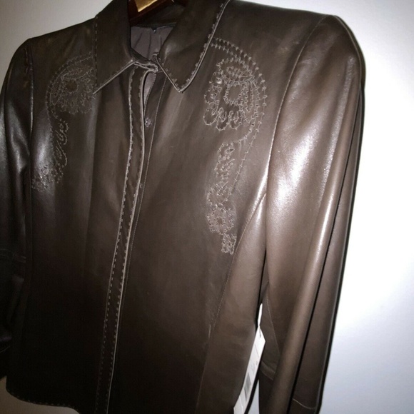 Rare NWT $898 ELIE TAHARI Jacket Size S Genuine Leather Brown Embroidery - Small - Picture 7 of 13
